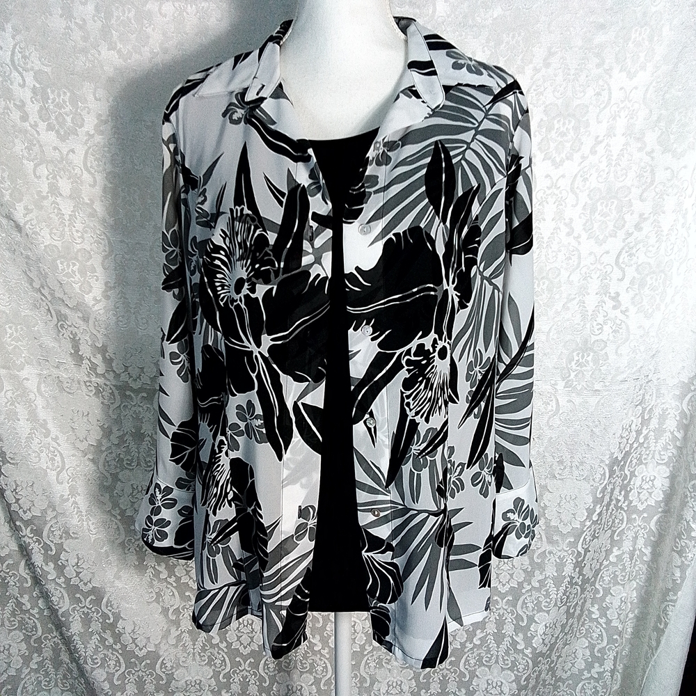 Laura Scott 2 in 1 sheer button down blouse and tank top white and black 12